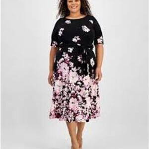 Kasper Women's Elbow-Sleeve Floral-Border Midi Dress Black Pink Sz 16